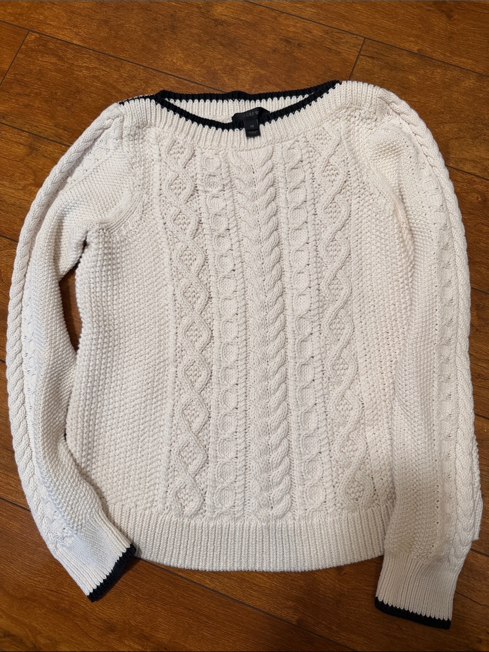 J. Crew Cable Knit Crewneck Sweater in Cream with black Trim